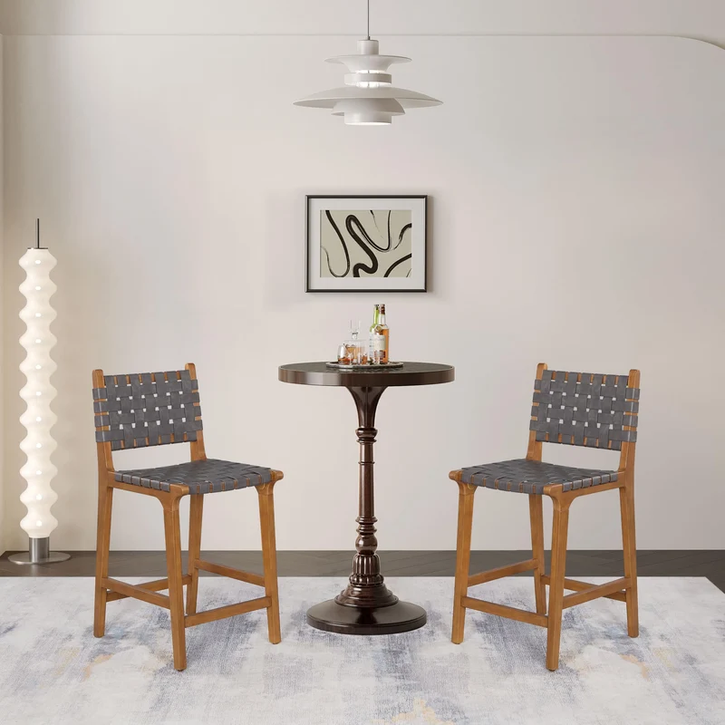 Ball & Cast Tabouret de comptoir tissé avec Dossier, Tabouret de Cuisine en Bois avec siège en Cuir PU, Tabouret de Bar avec Repose-Pieds pour Salle à Manger, Gris foncé
