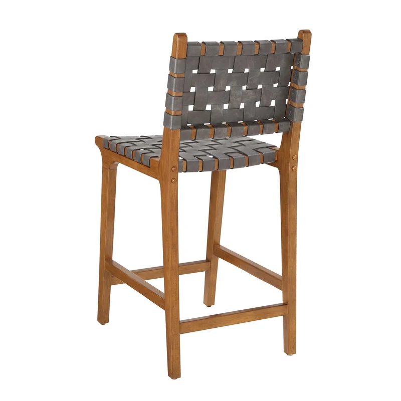 Ball & Cast Tabouret de comptoir tissé avec Dossier, Tabouret de Cuisine en Bois avec siège en Cuir PU, Tabouret de Bar avec Repose-Pieds pour Salle à Manger, Gris foncé