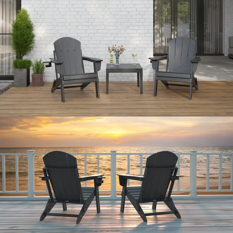 Fauteuil Adirondack pliant Sleek Space pour jardin, patio ou terrasse - Accoudoirs et porte-gobelet - Légère, résistante - Meubles d'extérieur élégants et durables pour terrasse, plage, piscine (Noir)