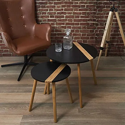 HOME DECO FACTORY The Lot de 2 Tables Basses Gigognes Rondes Bicolore Relief Noir, Bois d'ingénierie, Small 40 x 40 cm-Tall 60 x 40 cm
