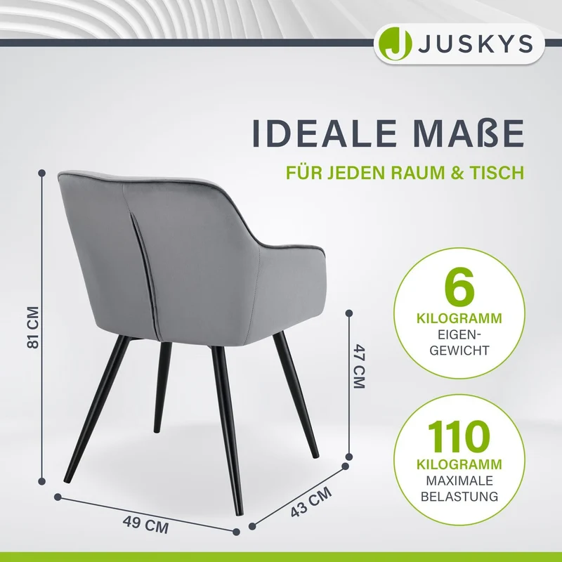 Juskys Ensemble de 2 chaises de Salle à Manger Tarje, avec Dossier et accoudoirs, Pieds métalliques, revêtement en Velours, capacité de Charge de jusqu'à 110 kg, 2 chaises de Cuisine - Gris Clair