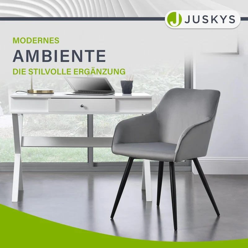 Juskys Ensemble de 2 chaises de Salle à Manger Tarje, avec Dossier et accoudoirs, Pieds métalliques, revêtement en Velours, capacité de Charge de jusqu'à 110 kg, 2 chaises de Cuisine - Gris Clair