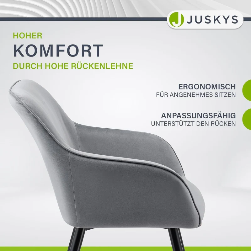 Juskys Ensemble de 2 chaises de Salle à Manger Tarje, avec Dossier et accoudoirs, Pieds métalliques, revêtement en Velours, capacité de Charge de jusqu'à 110 kg, 2 chaises de Cuisine - Gris Clair