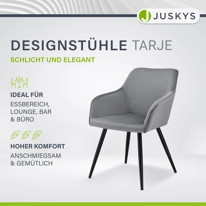 Juskys Ensemble de 2 chaises de Salle à Manger Tarje, avec Dossier et accoudoirs, Pieds métalliques, revêtement en Velours, capacité de Charge de jusqu'à 110 kg, 2 chaises de Cuisine - Gris Clair