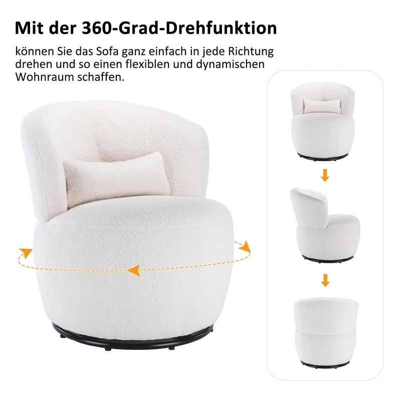 Fauteuil de relaxation pivotant avec coussin lombaire et pied en métal pivotant - Chaise longue rembourrée pour chambre à coucher, salon, coiffeuse, tissu peluche blanc Teddy - Charge maximale : 100