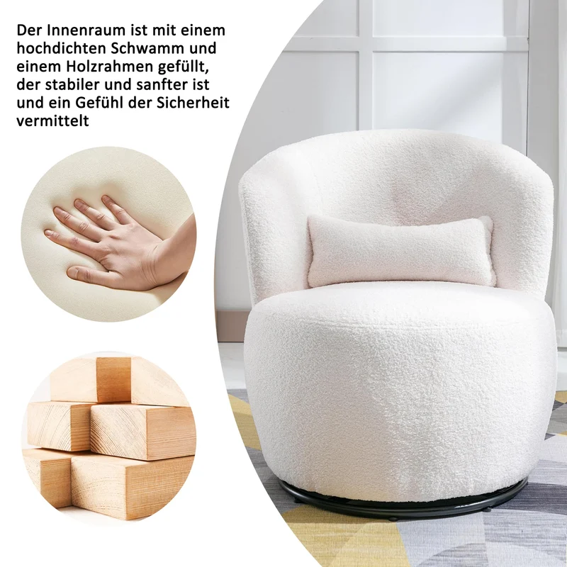 Fauteuil de relaxation pivotant avec coussin lombaire et pied en métal pivotant - Chaise longue rembourrée pour chambre à coucher, salon, coiffeuse, tissu peluche blanc Teddy - Charge maximale : 100