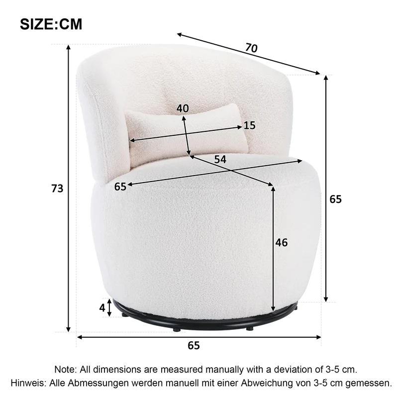 Fauteuil de relaxation pivotant avec coussin lombaire et pied en métal pivotant - Chaise longue rembourrée pour chambre à coucher, salon, coiffeuse, tissu peluche blanc Teddy - Charge maximale : 100