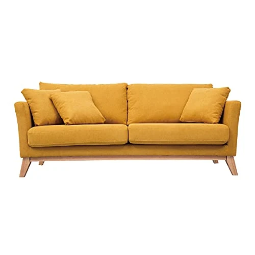 Miliboo Canapé scandinave déhoussable 3 Places en Tissu Effet Velours Jaune Moutarde et Bois Clair Oslo
