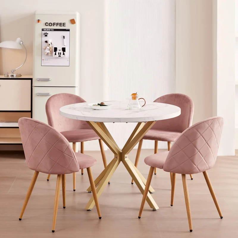 JZGORC Table à Manger Ronde Moderne, Table à Manger avec Plateau en MDF, Table à Manger avec Pieds en Métal doré, Table pour Salon ou Cuisine, Table à Manger Nordique, 100 cm - Texture Marbre