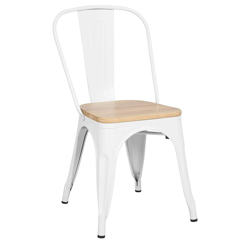 Kosmi - Lot de 4 chaises en métal Blanc Mat et Assise en Bois Clair - Style Industriel