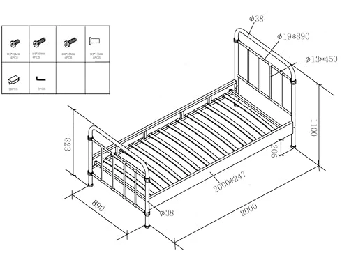 VIPACK Bed, Metal, Black, 90x200cm