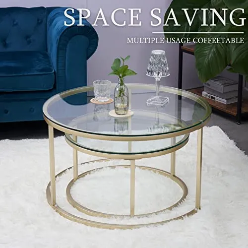 Huuryoudo Lot de 2 Tables Basses en Verre doré avec Structure en métal - Table d'appoint Ronde pour Balcon, canapé, Petite Table de Salon, Plateau en doré