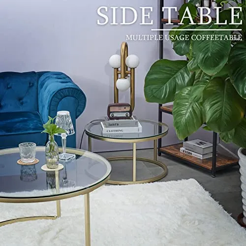 Huuryoudo Lot de 2 Tables Basses en Verre doré avec Structure en métal - Table d'appoint Ronde pour Balcon, canapé, Petite Table de Salon, Plateau en doré