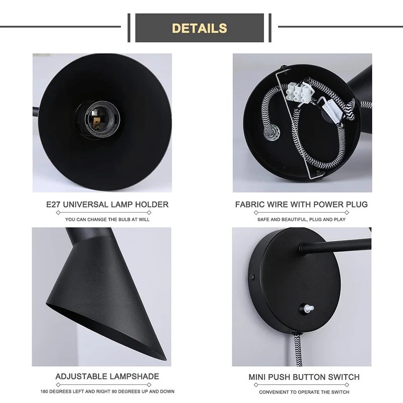 BarcelonaLED Applique murale avec câble prise et interrupteur Lampe de lecture Design élégant moderne nordique Orientable Noir pour chambre E27