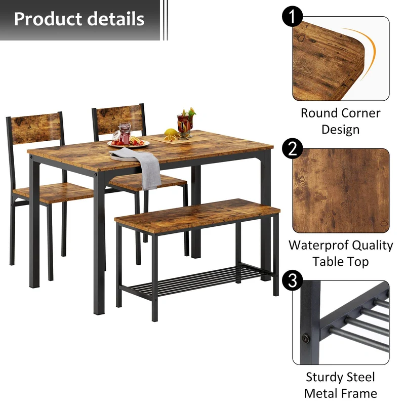 SogesPower Ensemble de table et chaises de salle à manger, avec 1 table, 2 chaises et 1 banc, jeu de table à manger pour 4 personnes, adapté à la cuisine, à la salle à manger, Vintage