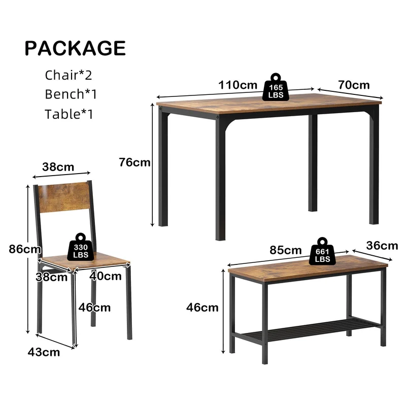 SogesPower Ensemble de table et chaises de salle à manger, avec 1 table, 2 chaises et 1 banc, jeu de table à manger pour 4 personnes, adapté à la cuisine, à la salle à manger, Vintage