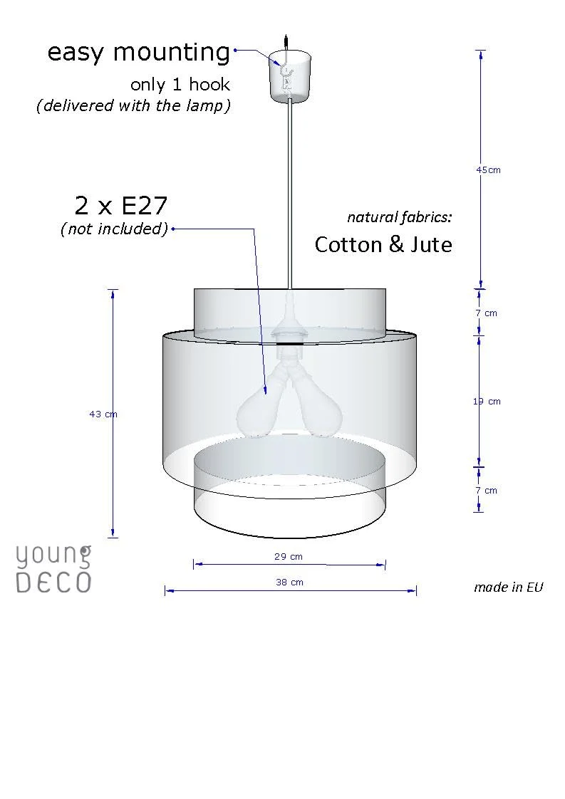 youngDECO® Lampe à suspendre Boho - Abat-jour en Tissu de coton en Sauge Ø 38 cm et hauteur 44 cm - Éclairage de Plafond crée une Ambiance Chaleureuse Dans la Chambre à Coucher, le Salon et le Bureau
