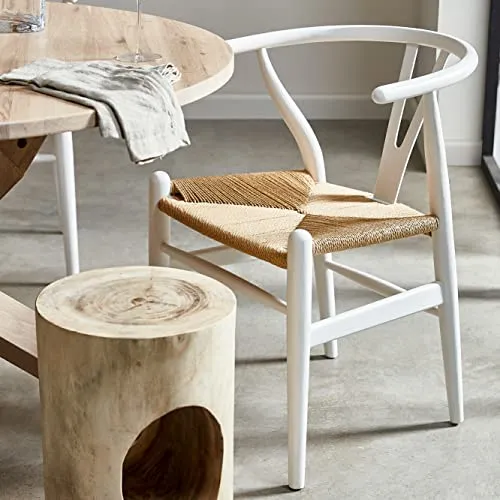 EME Mobiliario Chaise de salle à manger Bone en bois Style nordique Y - Bois de hêtre blanc et siège en corde tressée, Naturel, 43 x 46 x 73