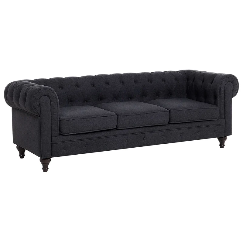 Canapé 3 Places en Tissu Gris Assise Rembourrée Large Dossier Points Chesterfield