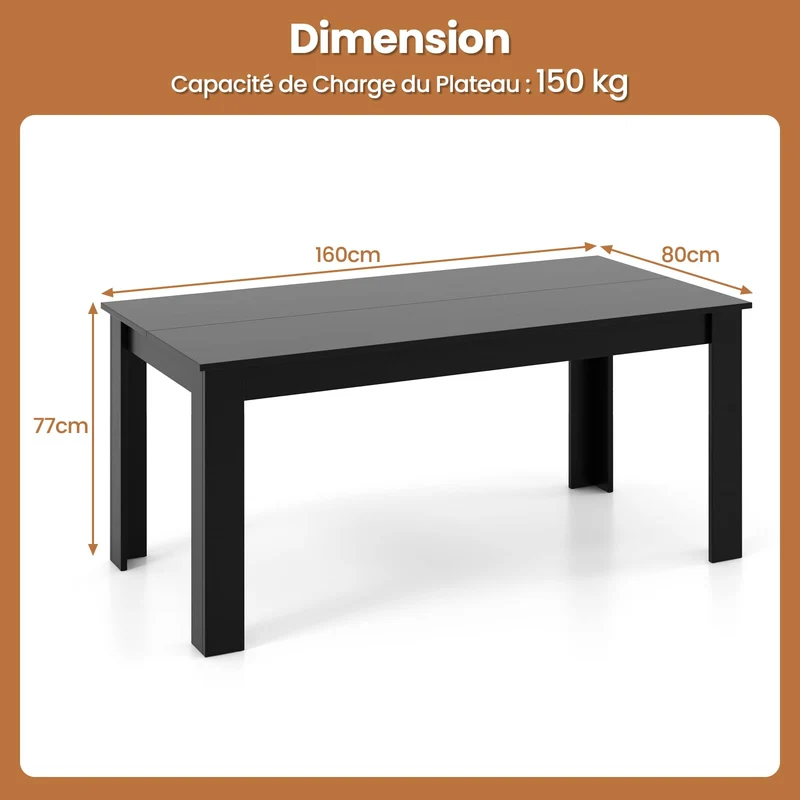 COSTWAY Table Salle à Manger de 160 CM pour 6-8 Personnes, Table Cuisine Rectangulaire avec Pieds en Formes de L Robustes, Table à Manger Noire Design, Montage Facile