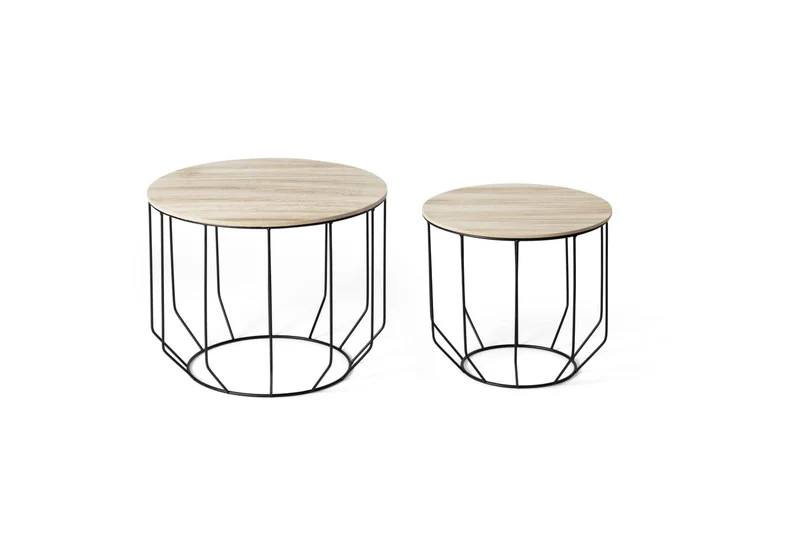 LIFA LIVING Tables Gigognes Bois & Metal Rondes, Table Basse Lot de 2, Petite Table Basse Gigogne Design Industriel, Tables d'Appoint pour Salon & Chambre