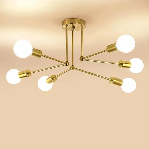 Goeco Plafonnier Industriel, 70CM Or Sputnik Lustre Vintage 6 Lumières Ampoule E27, Lampe de plafond Luminaire en Metal pour Salon, Chambre, Cuisine, Bar, Café, Max. 60W