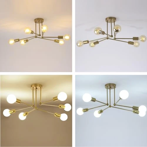 Goeco Plafonnier Industriel, 70CM Or Sputnik Lustre Vintage 6 Lumières Ampoule E27, Lampe de plafond Luminaire en Metal pour Salon, Chambre, Cuisine, Bar, Café, Max. 60W