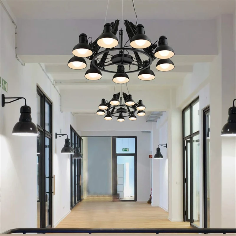 Lustre noir grand style araignée 9 têtes télescopique réglable en métal peint finitions suspendues lumière industrielle plafond rétro style loft pendant pendant salon, bar, café, salle à manger etc.