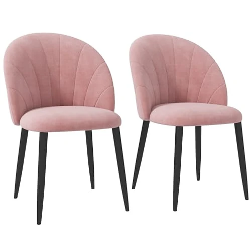 HOMCOM Lot de 2 chaises de salon et salle à manger rembourrées, chaises ergonomiques style nordique en métal et velours, 52 x 54 x 79 cm, rose