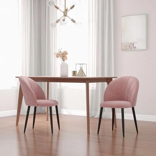 HOMCOM Lot de 2 chaises de salon et salle à manger rembourrées, chaises ergonomiques style nordique en métal et velours, 52 x 54 x 79 cm, rose