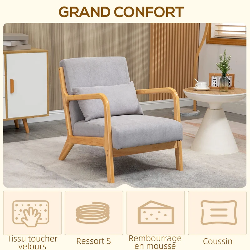 HOMCOM Fauteuil Lounge - 3 Coussins Inclus - Assise Profonde - accoudoirs - Structure Bois hévéa - Aspect Velours Gris