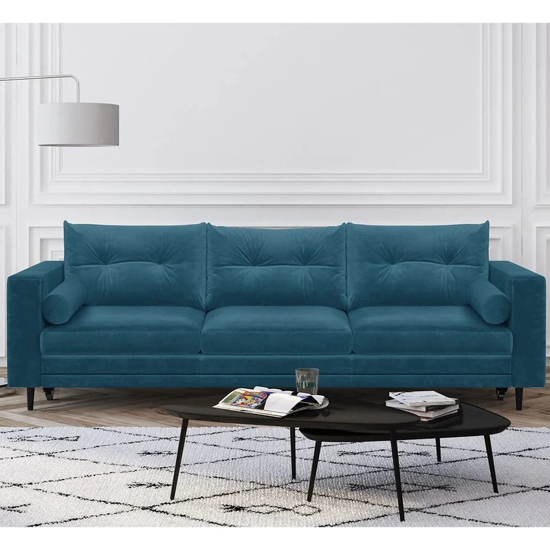 HOMIFAB Canapé 3 Places Convertibles en Velours Bleu Canard - Viktor