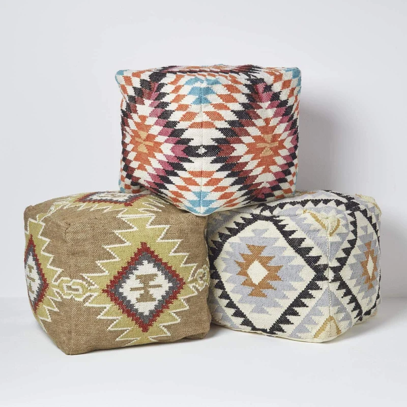 HOMESCAPES Pouf carré en Laine Kilim Jaipur, Pouf tressé à Motif géométrique, Pouf berbère et bohème déco 43 cm