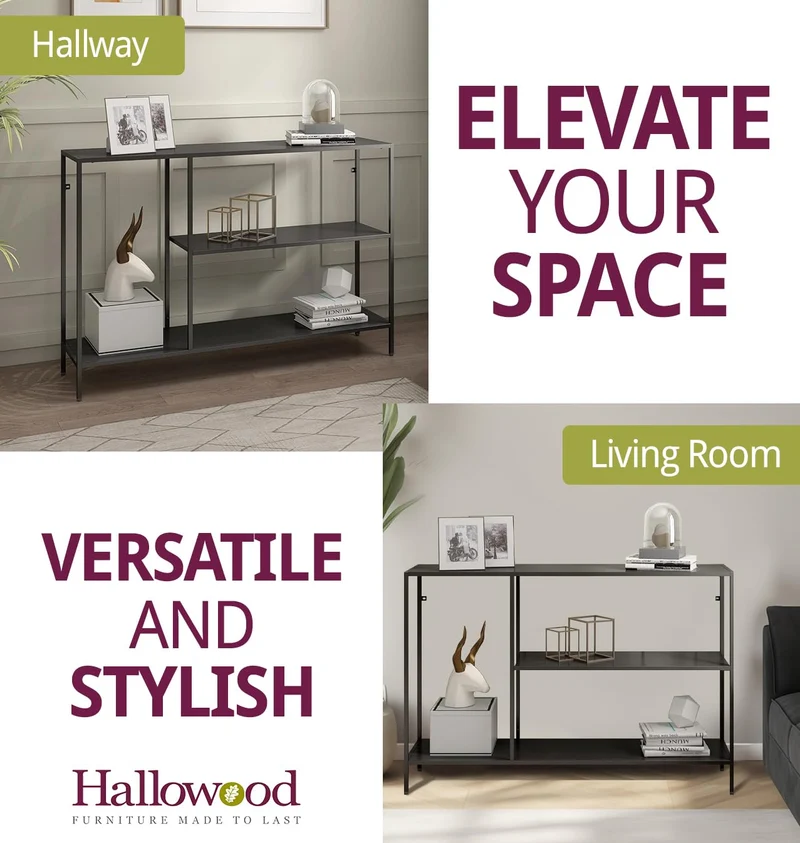 Hallowood Furniture Bewdley – Console étroite noire avec 2 étagères, table d'appoint en métal avec cadre revêtu de poudre, tables consoles et tables de canapé, plantes de couloir modernes et support