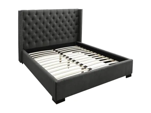 Vente-unique - Lit avec tête de lit capitonnée - 160 x 200 cm - Tissu - Gris - Massimo II