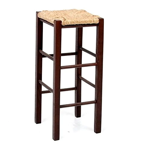 Okaffarefatto Maddaloni - Tabouret en bois massif couleur noyer foncé, avec pieds droits et assise carrée en paille, de 70 cm de hauteur - Déjà monté