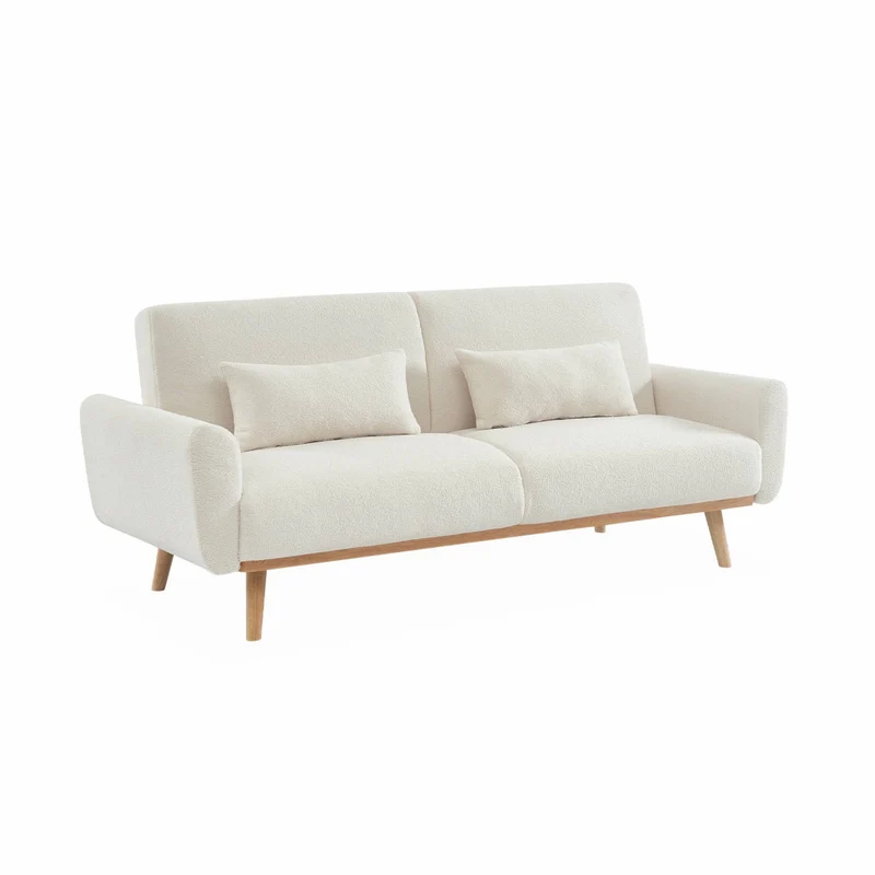 Alice's Home - Canapé Convertible à bouclettes Blanches- Oskar - 2-3 Places scandinave Droit avec Pieds Bois