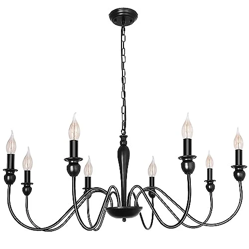 Lustre De Ferme Noir Mat Luminaire Plafond 8 Grands Lustres Industriels Rustiques Ø95cm Pour Salle À Manger Plafonnier Bougie Pour Salon Chambre Cuisine Îlot Foyer