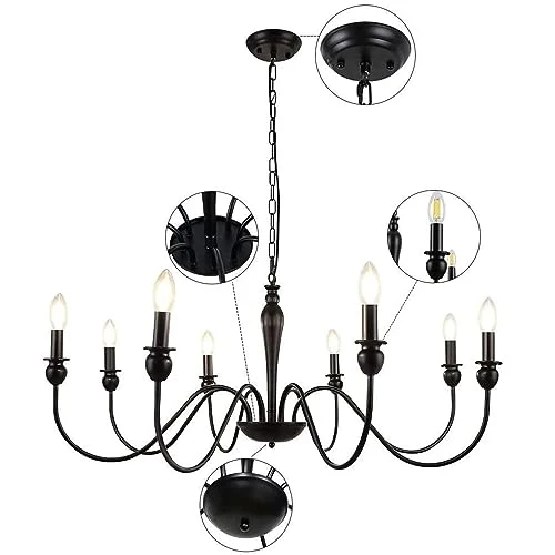 Lustre De Ferme Noir Mat Luminaire Plafond 8 Grands Lustres Industriels Rustiques Ø95cm Pour Salle À Manger Plafonnier Bougie Pour Salon Chambre Cuisine Îlot Foyer