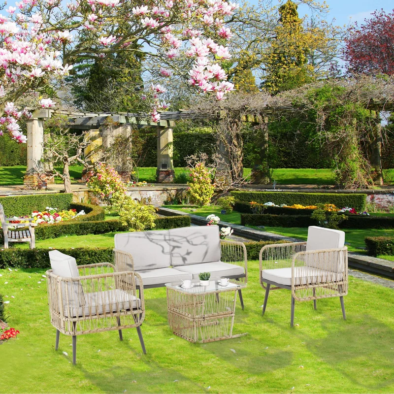 Outsunny Ensemble salon de Jardin 4 pièces canapé 2 Places + 2 fauteuils + 1 Table Basse Plateau Verre trempé 8 Coussins - métal et résine tressée - Beige