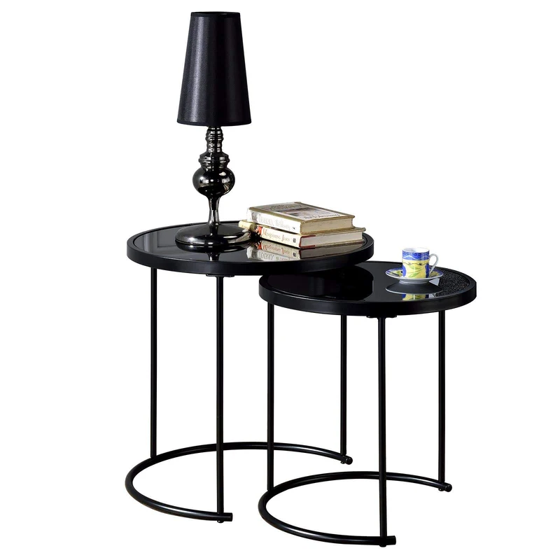 IDIMEX Lot de 2 Tables d'appoint LEYRE Tables Basses de salon gigognes, Tables à café, Bouts de canapé Design Industriel, Plateau Rond en Verre trempé Noir Cadre en métal Noir