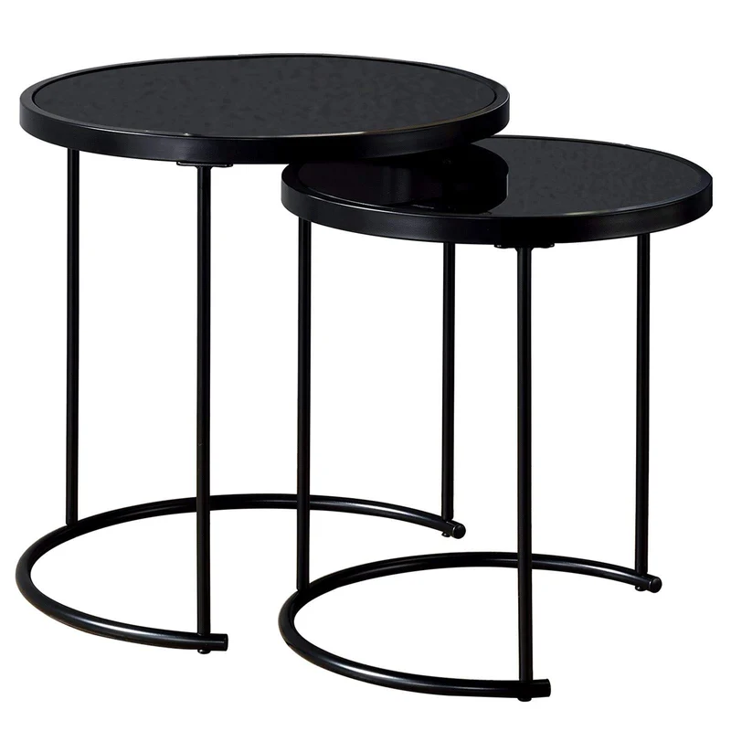 IDIMEX Lot de 2 Tables d'appoint LEYRE Tables Basses de salon gigognes, Tables à café, Bouts de canapé Design Industriel, Plateau Rond en Verre trempé Noir Cadre en métal Noir