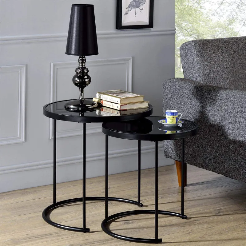 IDIMEX Lot de 2 Tables d'appoint LEYRE Tables Basses de salon gigognes, Tables à café, Bouts de canapé Design Industriel, Plateau Rond en Verre trempé Noir Cadre en métal Noir
