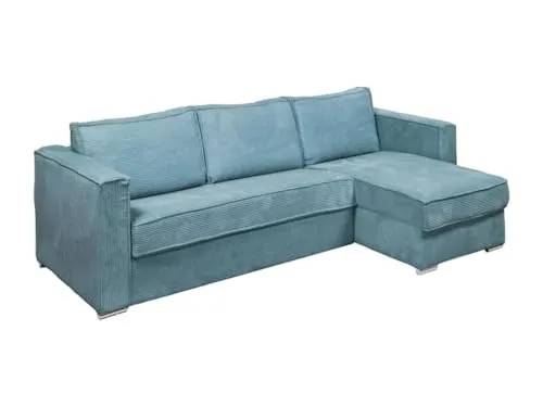 Vente-unique - Canapé d'angle Convertible Express et réversible en Velours côtelé Bleu Turquoise - Couchage à Lattes Larges 160 cm - Matelas 14 cm Loreto