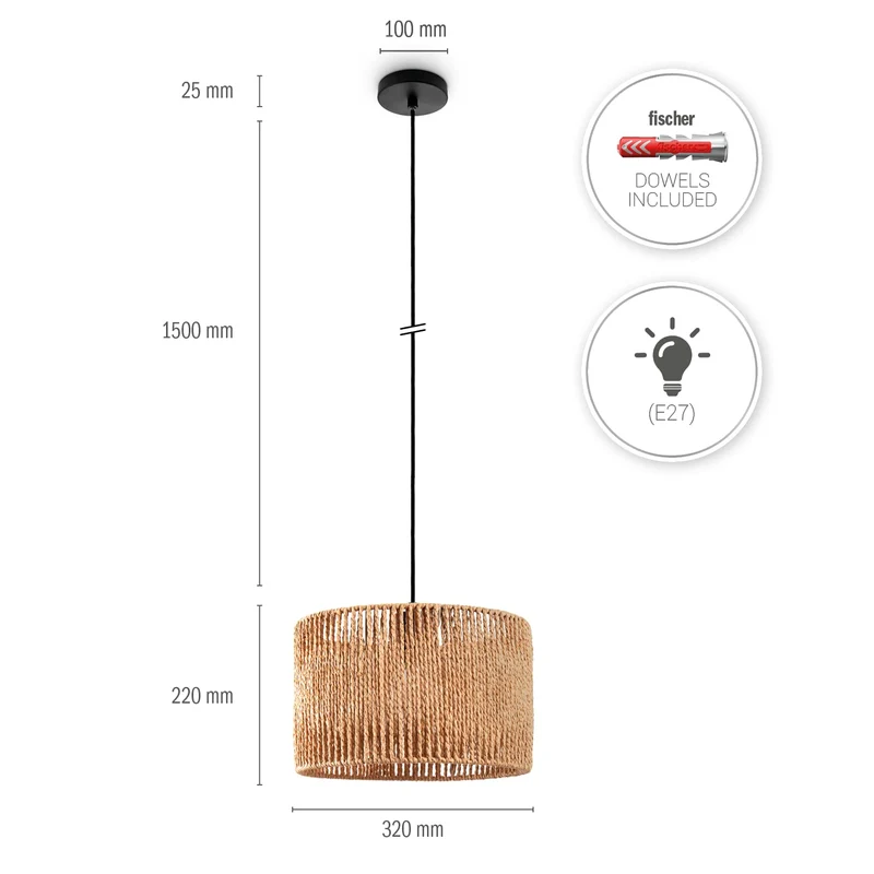 Paco Home Suspension Table À Manger Papier Boho Lampe Suspendue Salle À Manger Lampe E27 Rotin, Couleur:Nature (Ø32cm), Type de luminaire___Couleur:Lampe à suspension - Noir