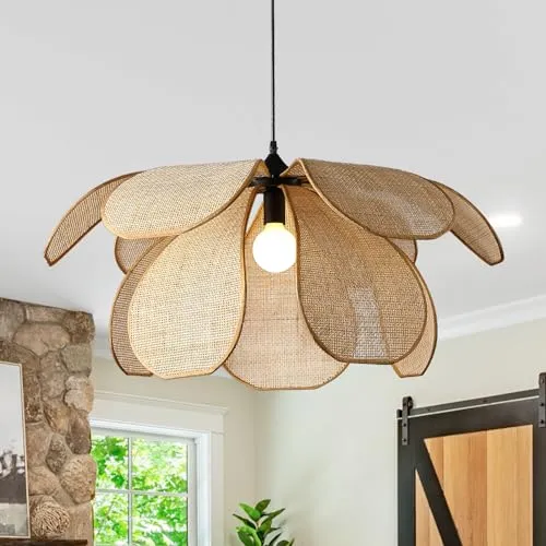 meibeileil Suspension Rotin Vintage,Fleur CréAtive Lustre Rotin, Luminaire En Bambou Tressé Max 60W, Pour Salon Chambre Cuisine Couloir (60CM)