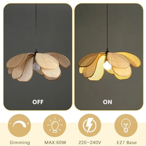 meibeileil Suspension Rotin Vintage,Fleur CréAtive Lustre Rotin, Luminaire En Bambou Tressé Max 60W, Pour Salon Chambre Cuisine Couloir (60CM)