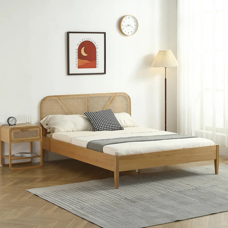 HOMIFAB Lit Adulte 180x200 cm en placage chêne avec tête de lit en Bois Massif et cannage Naturel - Leonie