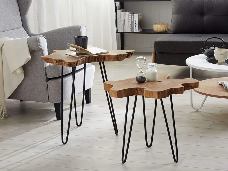 Beliani 2 x Tables Basses avec Plateau en Bois de Java et Pieds en Métal Noir Design Industriel pour Salon Moderne, Rustique ou Scandinave
