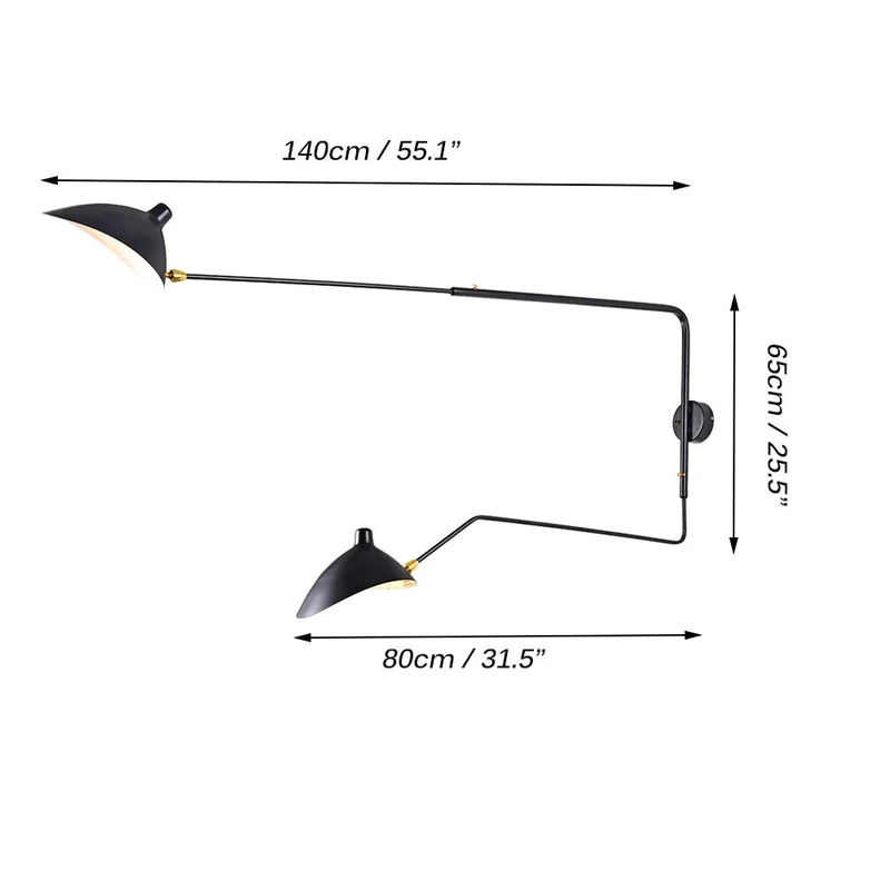 Applique Murale à Bras Long Vintage Industrielle avec Interrupteur Lampes de Lecture Réglables à 2 Lumières Lampe Murale de Chevet en E27 Métal Noir pour Chambre à Coucher Salon Loft Barres,140cm